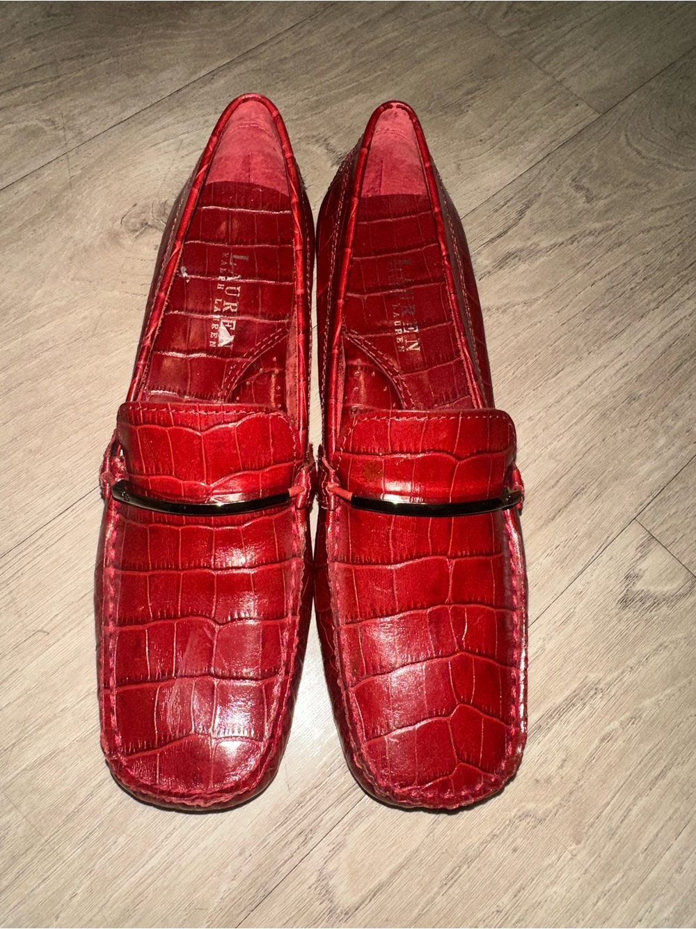 Lauren Ralph Lauren Red Croc-Embossed Leather Bit Loafers